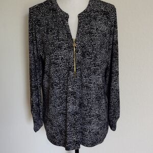 "Anne Klein" Women's Black White Dot Zip Neck Roll Tab Sleeve Blouse Top Size L